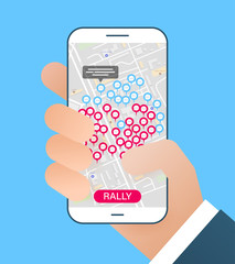 The concept of virtual meetings on the map. Comments or conversations on the map through the application. Protest or global strike over the Internet on a map. Holding smartphone in a hand.