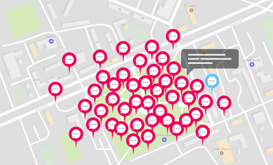 The concept of virtual meetings on the map. Comments or conversations on the map through the application. Protest or global strike over the Internet on a map. Vector illustration