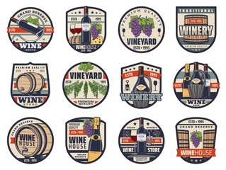 Wine, winemaking and viticulture isolated vector icons. Shop, wine bottles, glasses and grapes, champagne, cheese, bread and vineyard vines. Alcohol drink and food snack, grand reserve labels set