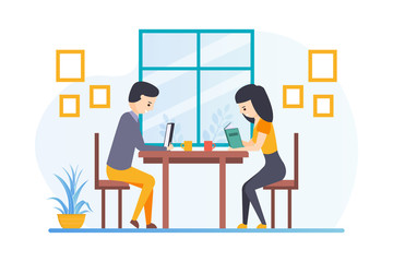 Young Man and Woman Reading Books Sitting at Desk at Home or Library Flat Vector Illustration