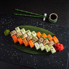 sushi set on the black background