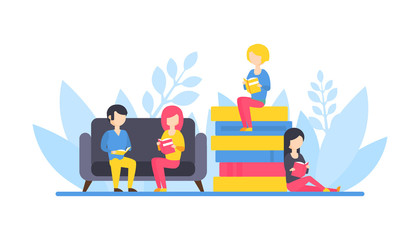 People Reading Books, Tiny Girl Sitting on Pile of Books, Students Relaxing and Reading Together Flat Vector Illustration