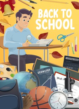Student with school supplies, Back to School and education vector design. Pupil boy studying with book, pencil, notebook, paint and brush, pen, calculator, chalkboard and globe, microscope, diploma