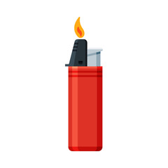 Red Plastic Cigarette Lighter with Fire, Flammable Smoking Equipment Vector Illustration