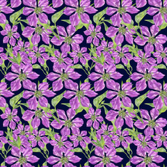 Creative composition with the image of garden flowers. Randomly located clematis on a blue background. Pattern for fabric and wallpaper.