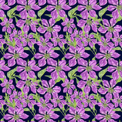 Creative composition with the image of garden flowers. Randomly located clematis on a blue background. Pattern for fabric and wallpaper.