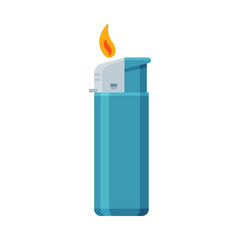 Blue Plastic Cigarette Lighter with Fire, Flammable Smoking Equipment Vector Illustration