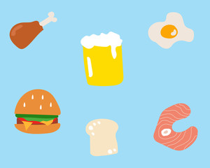 Cute and kawaii cartoon vector: hamburger, beer, fish, bread, fried egg, fried chicken on bright color background for your design.