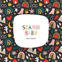 Scandi baby template with copy space, abstract doodle shape illustration, vector background with place for your text, good for card, baby shower invitation or brochure cover, nordic design