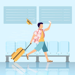  cartoon illustration of travel concept. late man run with bag on wheels. Check in airport. Human character on the background of armchairs and airport screens