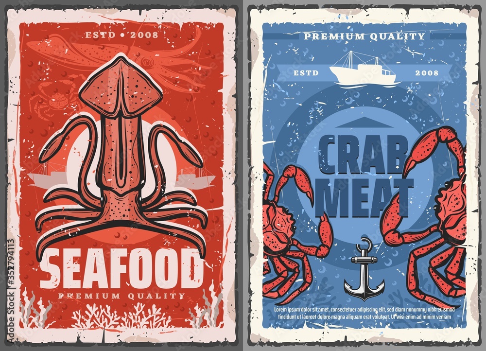 Wall mural Seafood squid and crab meat vector retro posters. Fishing and fish gourmet restaurant, ocean and sea fishery industry. Seafood squid and crab chef delicatessen food, underwater animals vintage cards