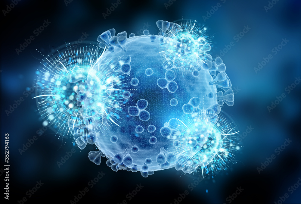 Poster wireframe hologram microscopic close-up of the covid-19 disease. coronavirus illness spreading in bo