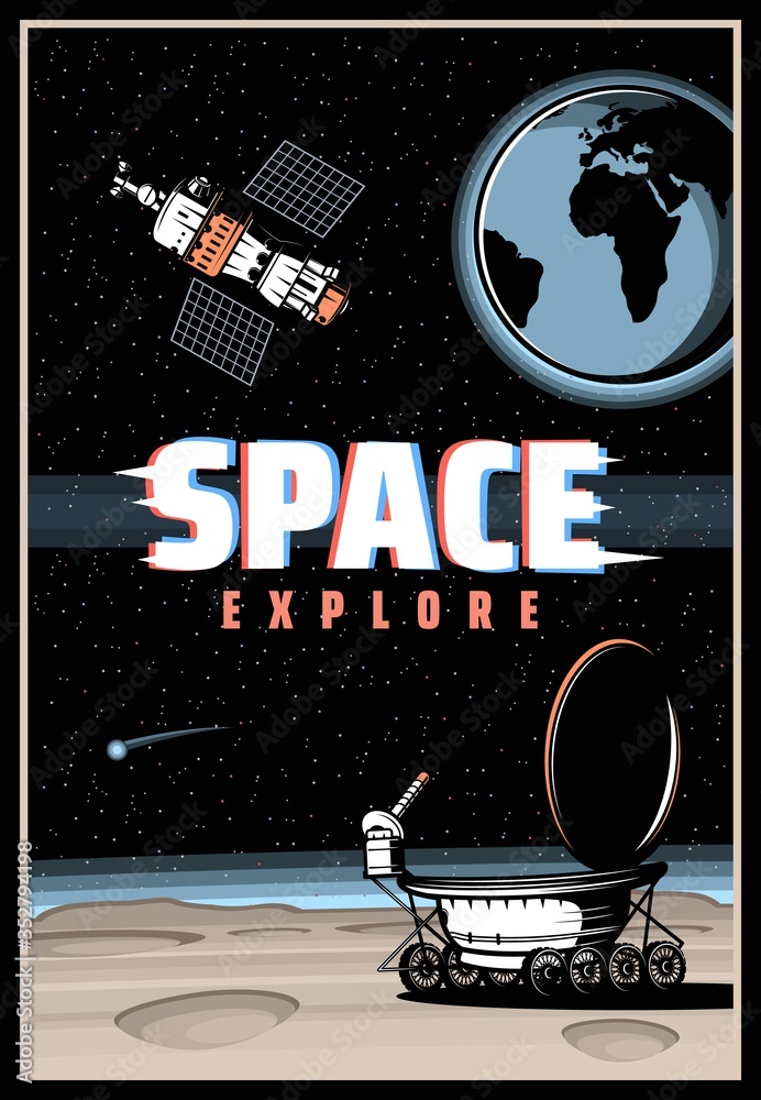 Poster outer space and planet explore, vector poster with glitch effect. galaxy exploration, universe adven