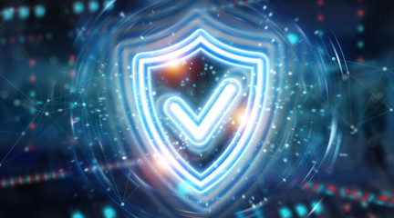 Digital shield protection blue holographic interface 3D rendering