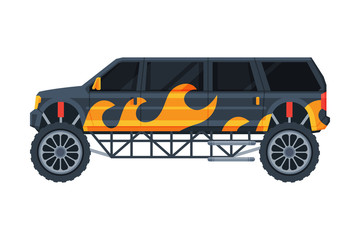 Black Limousine Car Painted with Flame, Elegant Premium Luxurious Vehicle, Side View Flat Vector Illustration