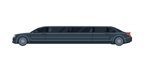 Black Limousine, Elegant Premium Luxurious Vehicle, Side View Flat Vector Illustration