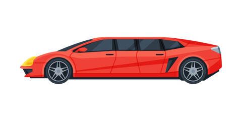 Red Limousine, Elegant Premium Luxurious Vehicle, Side View Flat Vector Illustration