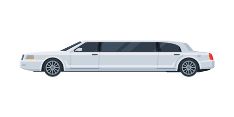 White Limousine Car, Elegant Premium Luxurious Limo Vehicle, Side View Flat Vector Illustration - obrazy, fototapety, plakaty