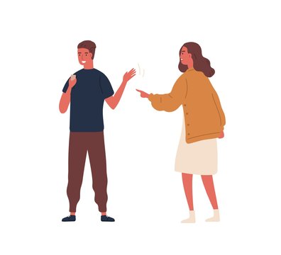 Smiling teen guy ignored angry mother looking at smartphone vector flat illustration. Irritated woman criticize adolescent son during chatting or scrolling internet entertainment isolated on white