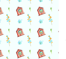 Seamless Pattern with Birdhouse and Flowers Watercolor Decoration