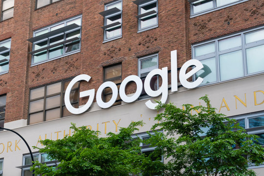 New York, New York. - May 27, 2017: Google sign outside the Google office in New York City. It is a multinational technology company specializing in internet services and products.
