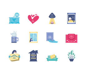 set of icons campaign stay at home, coronavirus prevention