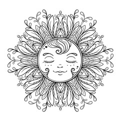 Black and white ornamental sun coloring page.