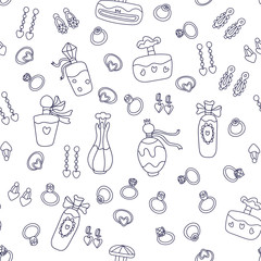 Vector seamless pattern with bottles of perfume, rings and earrings isolated on white. Great for fabrics, wrapping papers, wallpapers, covers. Hand drawn illustration in doodle style black ink.