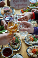 Table of enjoying food with family and friends top view