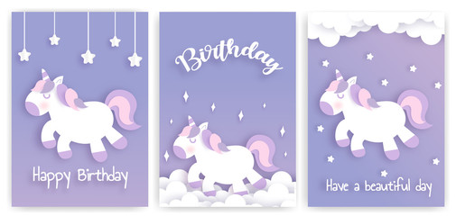 Set of birthday cards with unicorn in the sky.