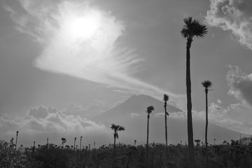 Agung volcano in east Bali, Indonesia. Black and white photo