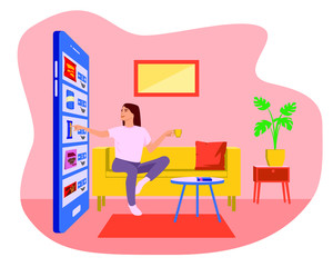 Easy online shopping with smartphone. Ecommerce and digital marketing concept. Young woman sitting on sofa  and drinking coffee while doing online shopping with mobile phone. Stay home concept.