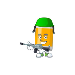 A mascot design picture of beer can as a dedicated Army using automatic gun