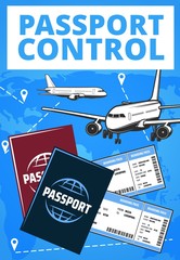 Passport control airport service. Vector card with airplanes flying in sky with Gps navigation pins, flight tickets and foreign passports, international airport aviation and travel service