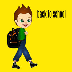 a boy schoolboy in a green jacket goes and carries a black backpack behind him, color illustration on an isolated background with an inscription back to school