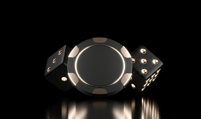 Casino chips on black. Casino game 3D chips and dice. Online casino background banner or casino logo. Black and gold chips. Gambling concept, poker mobile app icon. 3D rendering.