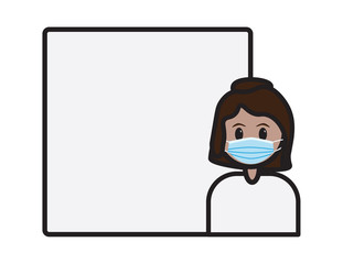 Girl  wearing surgical mask with blank frame on the background