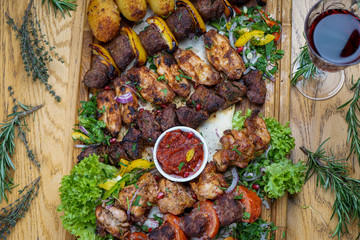 Delicious grilled meat and steak with fresh vegetable