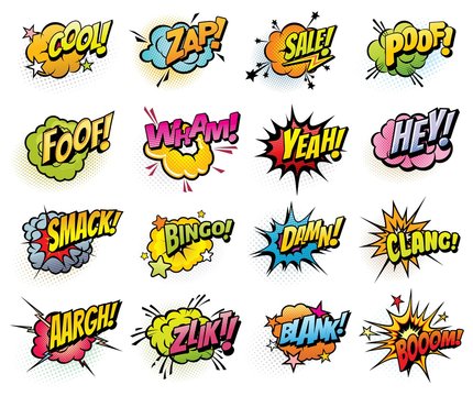 Comics speech bubbles and sound blast isolated vector icons set. Cartoon pop art bubbles of boom, bingo or bang sounds. Yeah or cool and zap, sale, damn and clang comics blast explosions and flash