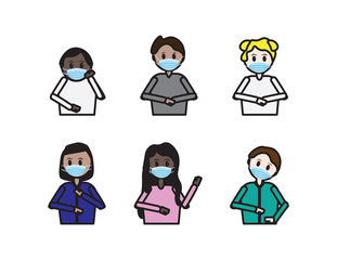 Set of cartoon kids wearing surgical face masks on White background
