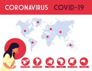 Woman and world maps with covid 19 virus vector design
