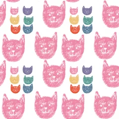 Zelfklevend Fotobehang Seamless pattern with cats heads. Bright pattern on a white background. Cute illustration for the decor and design of posters, postcards, prints, stickers, invitations, textiles and stationery. © Екатерина Карпущенко