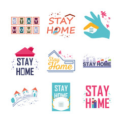 set of icons campaign stay at home, coronavirus prevention
