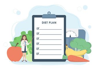 Nutritionist doctor pointing at clipboard with diet plan, Fruits,  vegetables and weight scale in background. Healthy diet, weight loss and nutrition consultation concept. Flat vector illustration.