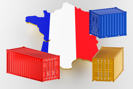 3D map of France. Freight shipping in containers. Export from the country in containers. 3d rendering