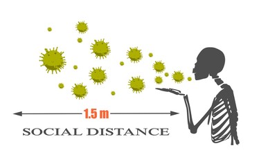 Illustration of virus and keeping distance for infection risk and disease prevention measures.