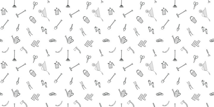 Seamless pattern of hand-drawn black contour horticultural doodles on a white background. Products for gardening, agriculture, plant growing, farming, eco-culture, village. Endless texture. Vector.