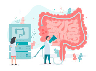 A team of doctors performs colonoscopy. Bowel health. Medical concept with tiny people. Flat vector illustration.