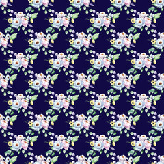 Fototapeta na wymiar Seamless pattern with watercolor flowers, repeat floral texture, vintage background hand drawing. Perfectly for wrapping paper, wallpaper, fabric and other printing. 