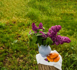 Lilac flowers in old blue porcelain vase or decanter and tasty Russian pies on a wooden stump ....